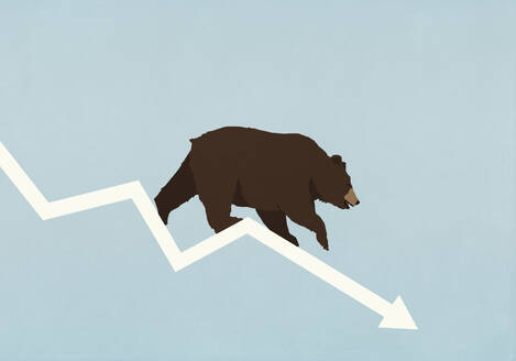 Bear walking down falling stock market arrow on blue background - FSIF06637