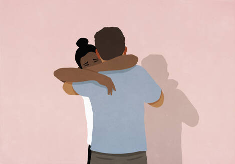 Couple hugging, boyfriend comforting girlfriend on pink background - FSIF06645
