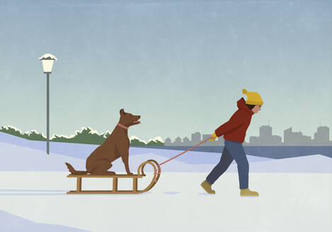 Woman pulling dog on sled in snowy winter city park - FSIF06646