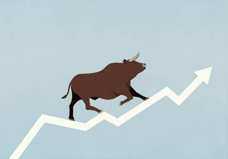 Bull walking along ascending stock market arrow on blue background - FSIF06647