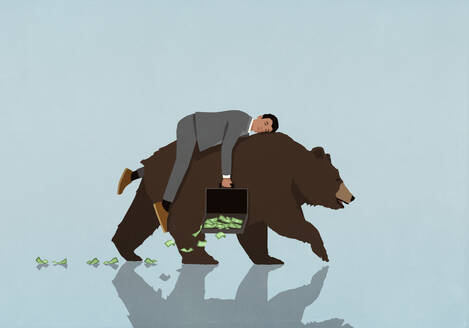 Sleeping male investor with money spilling from briefcase riding bear market - FSIF06649