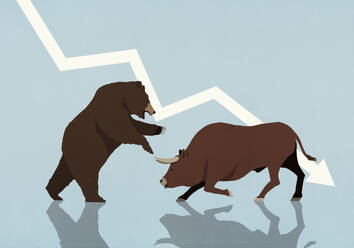 Bull and bear fighting under falling stock market arrow - FSIF06652