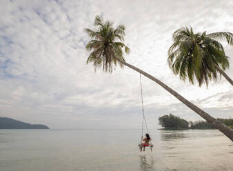 Woman using swing on palm tree - FOLF12438