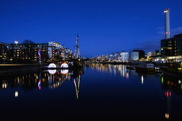 Illuminated buildings by marina in Stockholm, Sweden - FOLF12621