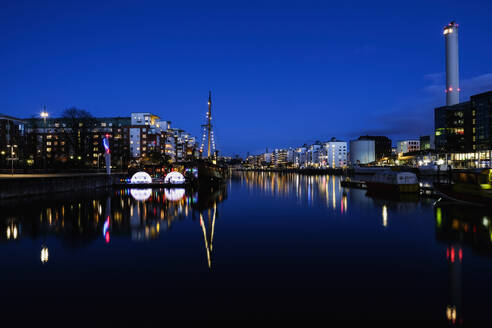 Illuminated buildings by marina in Stockholm, Sweden - FOLF12621