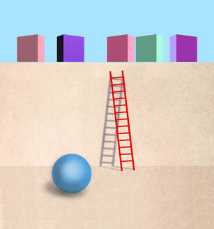 Sphere lying on ground in front of ladder leading to colorful blocks on top of wall - GWAF00401