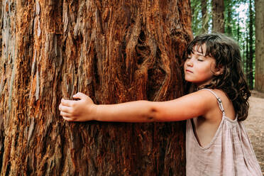 Side view of cute little girl hugging old tree trunk in Redwoods of Monte Cabezon during daytime - ADSF49139