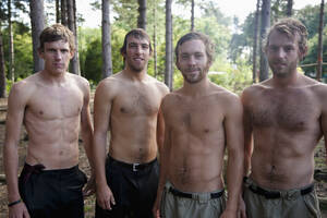 Young men standing in a forest shirtless and wet - FSIF06654