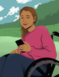 Portrait smiling, confident young woman in wheelchair using smart phone in park - FSIF06750