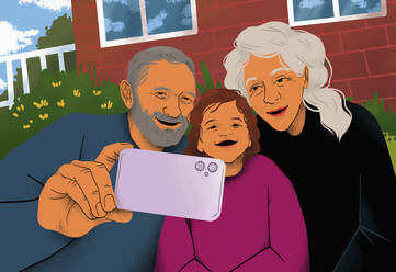 Happy grandparents and granddaughter taking selfie with smart phone outside house - FSIF06753