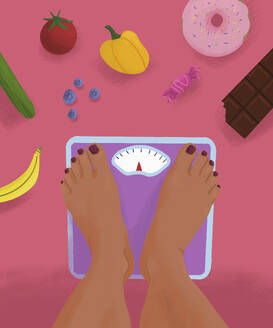 POV legs of barefoot woman standing on weight scale surrounded by junk food and healthy food - FSIF06754