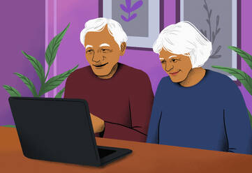 Smiling retired, senior couple video chatting at laptop from home - FSIF06756