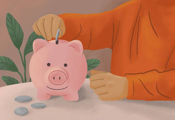 Boy placing coins in piggy bank, learning how to save money - FSIF06757