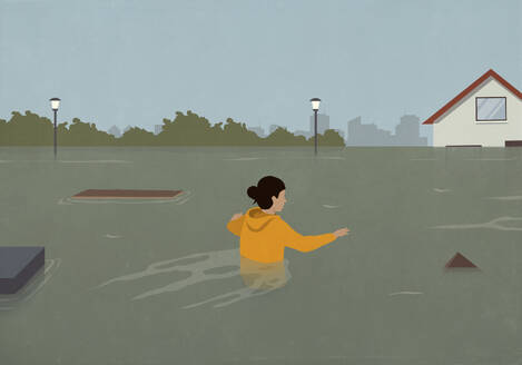 Woman wading through debris in flooded street - FSIF06760