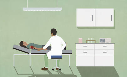 Doctor checking blood pressure of patient laying on clinic exam table - FSIF06770