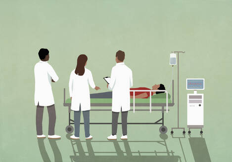 Doctors consulting, watching patient on stretcher in hospital - FSIF06774