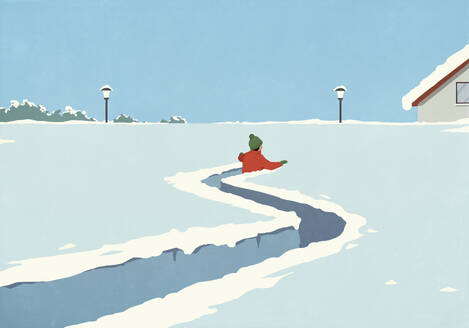 Man walking, creating path in deep winter snow - FSIF06780