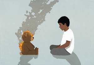 Boy watching teddy bear burning on fire - FSIF06787