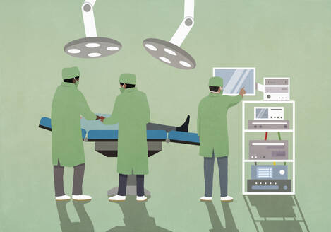 Surgeons in surgical scrubs operating on patient tin hospital operating room - FSIF06788