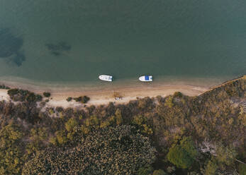 Drone top view of white boats moored in turquoise sea surrounded by lush green forest near sandy beach in El Rompido - ADSF49296