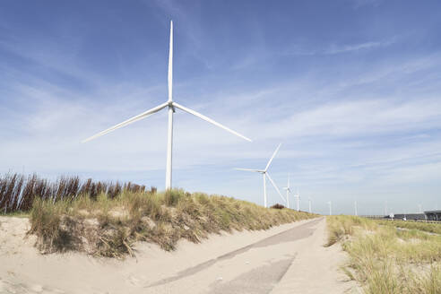 Wind turbines on sand dune under sky - PHDF00074