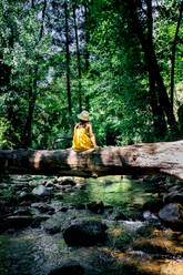 Back view of anonymous preteen girl wearing hat and dress resting and looking away while sitting on tree trunk in summer day against green forest in Gorge Africa - ADSF49469