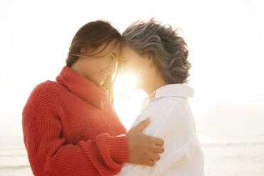 Happy mother and daughter touching foreheads on sunny day - AAZF01270