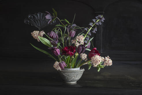 Blumenstrauß aus Tulpen, Schlangenkopf-Fritillarien (Frittilaria meleagris), Persischen Lilien (Frittilaria persica), Nieswurz und Skimmia japonica - EVGF04431