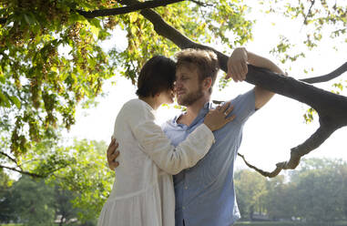 Frau umarmt Mann mit Arm um Ast eines Baumes im Park - NDEF01412