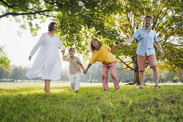 Familie hält sich an den Händen und spielt zusammen in der Nähe eines Baumes im Park - NDEF01426