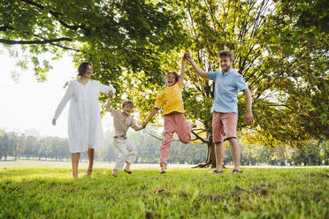 Fröhliche Familie genießt zusammen in der Nähe von Baum im Park - NDEF01427