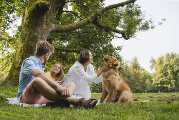 Familie genießt das Wochenende mit Hund auf der Wiese im Park - NDEF01442