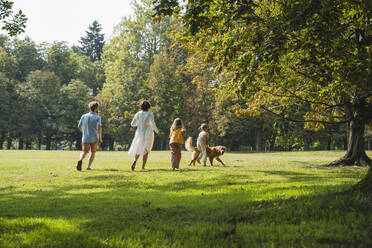 Familie läuft mit Hund auf Gras im Park - NDEF01445