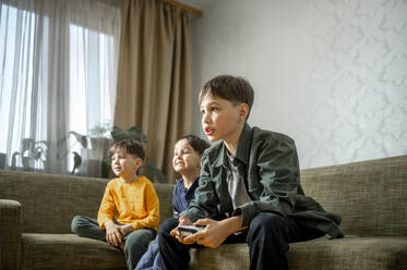 Brothers playing video game sitting on sofa at home - ANAF02446