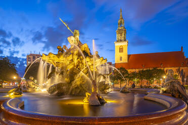 View of St. Mary's Church and Neptunbrunnen fountain at dusk, Panoramastrasse, Berlin, Germany, Europe - RHPLF28882