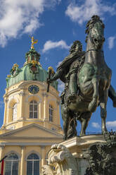 View of Charlottenburg Palace and statue of Great Elector Frederick William at Schloss Charlottenburg, Berlin, Germany, Europe - RHPLF28889