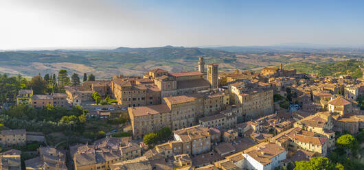 Elevated view of rooftops and town of Montepulciano at sunset, Montepulciano, Tuscany, Italy, Europe - RHPLF28943