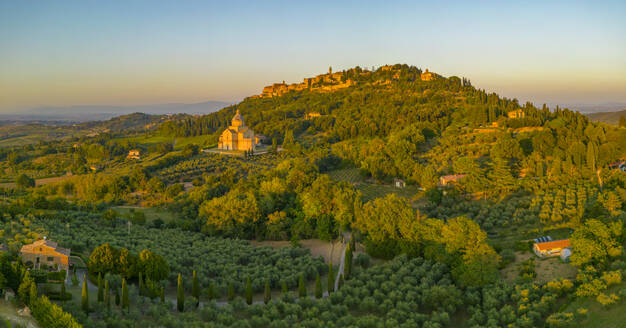 Elevated view of vineyards, olive groves and Montepulciano at sunset, Montepulciano, Tuscany, Italy, Europe - RHPLF28953