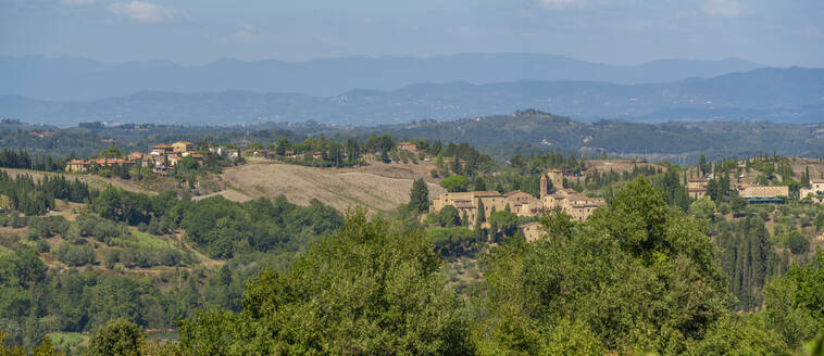 View of hills and landscape and town near San Vivaldo, Tuscany, Italy, Europe - RHPLF28961