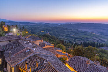 View of Tuscan landscape from Montepulciano at dusk, Montepulciano, Province of Siena, Tuscany, Italy, Europe - RHPLF29055