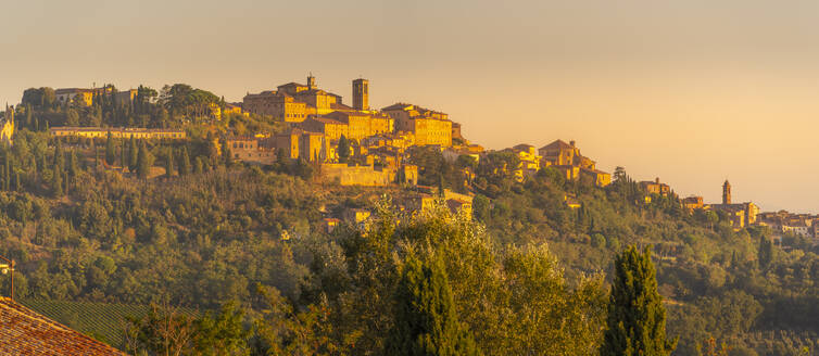 View of sunrise at hilltop medieval town of Montepulciano, Province of Siena, Tuscany, Italy, Europe - RHPLF29062