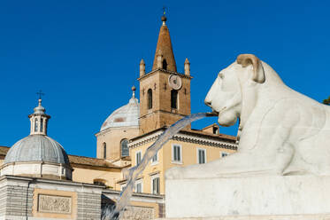 Basilica of St. Maria del Popolo, Lion of Fountain of Obelisk, Piazza del Popolo, UNESCO World Heritage Site, Rome, Latium (Lazio), Italy, Europe - RHPLF29139