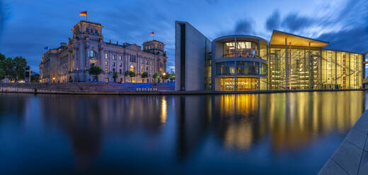 View of the River Spree and the Reichstag (German Parliament Building) and Paul Loebe Building at dusk, Mitte, Berlin, Germany, Europe - RHPLF29255