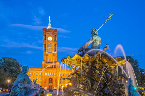 View of Rotes Rathaus (Town Hall) and Neptunbrunnen fountain at dusk, Panoramastrasse, Berlin, Germany, Europe - RHPLF29256