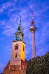 View of Berliner Fernsehturm and St. Mary's Church at dusk, Panoramastrasse, Berlin, Germany, Europe - RHPLF29258