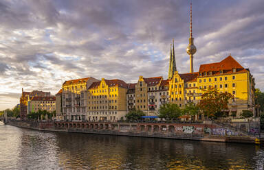 View of River Spree and Berliner Fernsehturm at sunset, Nikolai District, Berlin, Germany, Europe - RHPLF29259