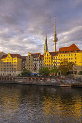 View of River Spree and Berliner Fernsehturm at sunset, Nikolai District, Berlin, Germany, Europe - RHPLF29260