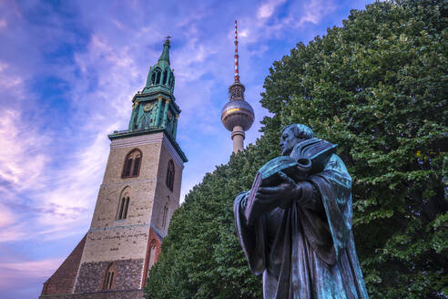 View of Berliner Fernsehturm and St. Mary's Church at dusk, Panoramastrasse, Berlin, Germany, Europe - RHPLF29262
