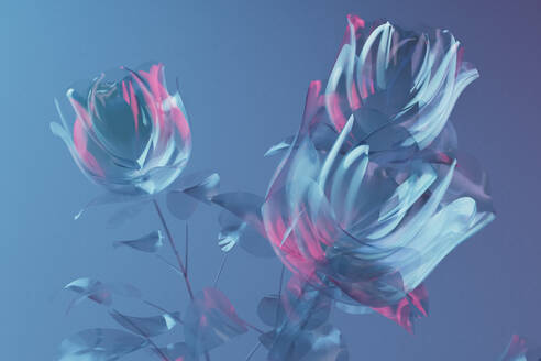 3D-Rendering von Glas blühenden Rosen gegen blauen Hintergrund - GCAF00496
