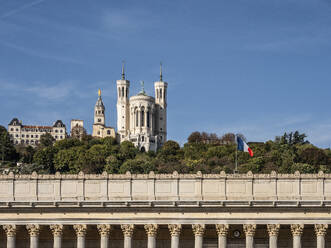 Palais de Justice with the Basilica of Notre Dame de Fourviere on the hill behind, Lyon, Auvergne-Rhone-Alpes, France, Europe - RHPLF29291